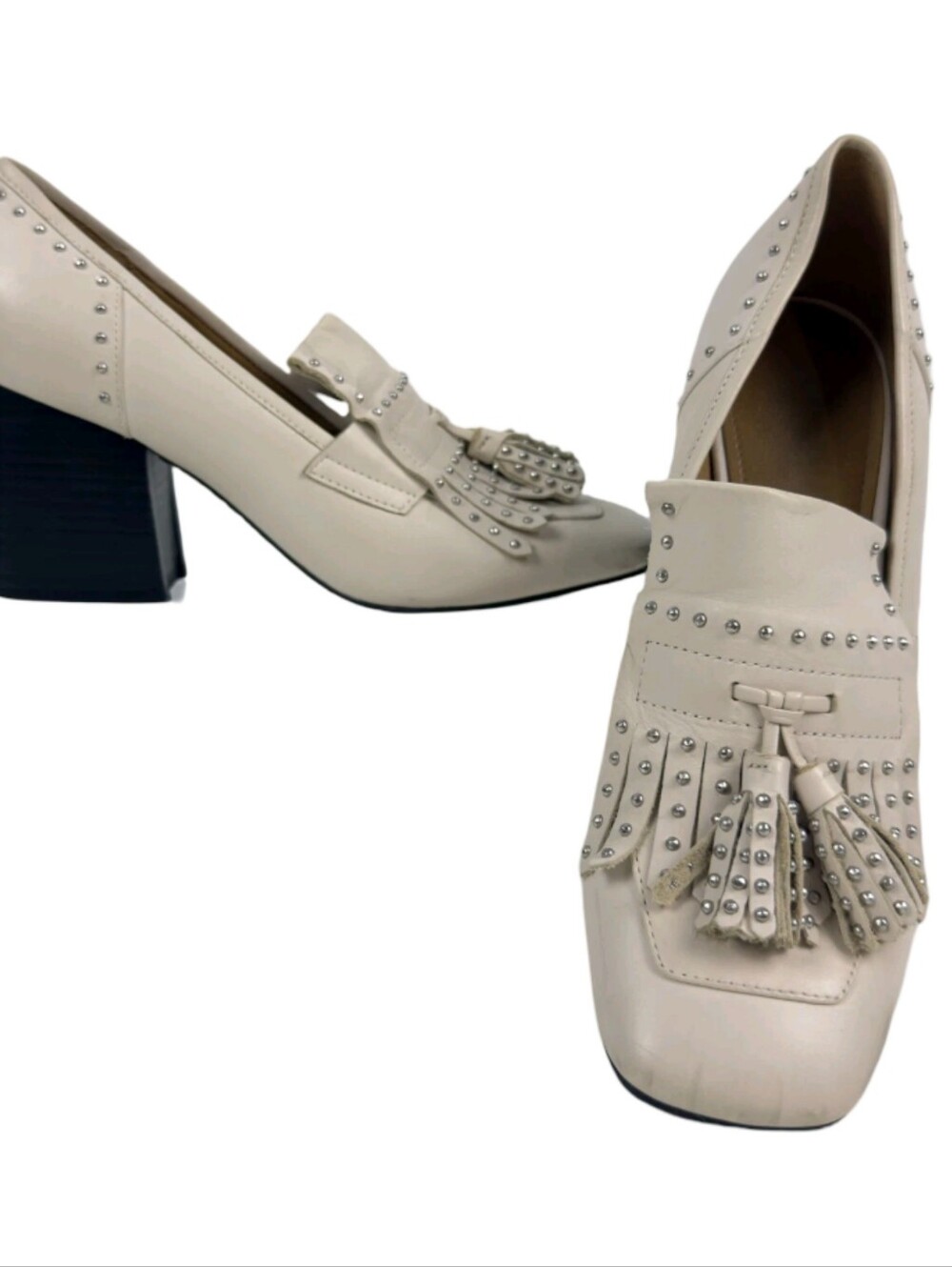 Marc Fisher Mellie Women's 9 M Cream Ivory Studded Fringe Loafer Heels Pumps